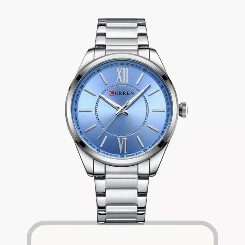 Curren Quartz Ice Blue Dial Silver-tone Men's Watch- 8423